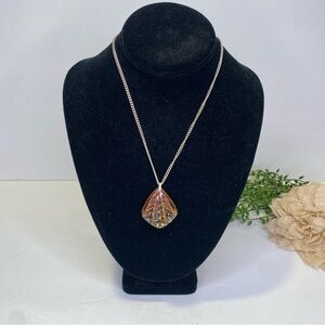 Vintage Germany Iridescent Rainbow Glass Pendant on Silver Chain Necklace